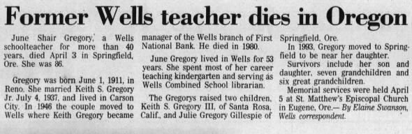 Obituary for June Shair Wells (Aged 86) Name should be June Shair Gregory, not Wells. See image. She was from Wells.